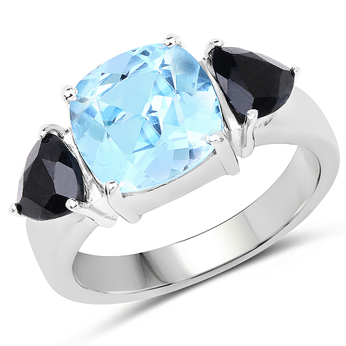 Rings-6.00 Carat Genuine Blue Topaz and Black Sapphire .925 Sterling Silver Ring
