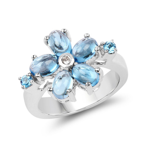 3.68 Carat Genuine Swiss Blue Topaz and White Topaz .925 Sterling Silver Ring