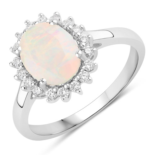 Opal-1.17 Carat Genuine Ethiopian Opal and Lab Grown Diamond .925 Sterling Silver Ring