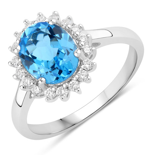 Rings-2.27 Carat Genuine Swiss Blue Topaz and Lab Grown Diamond .925 Sterling Silver Ring