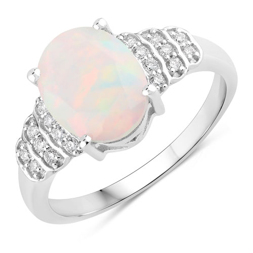 Opal-1.70 Carat Genuine Ethiopian Opal and Lab Grown Diamond .925 Sterling Silver Ring