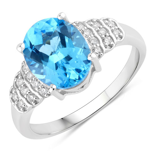 Rings-2.69 Carat Genuine Swiss Blue Topaz and Lab Grown Diamond .925 Sterling Silver Ring