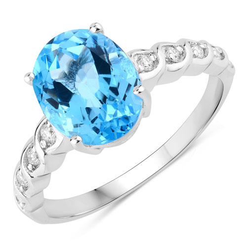 Rings-2.70 Carat Genuine Swiss Blue Topaz and Lab Grown Diamond .925 Sterling Silver Ring
