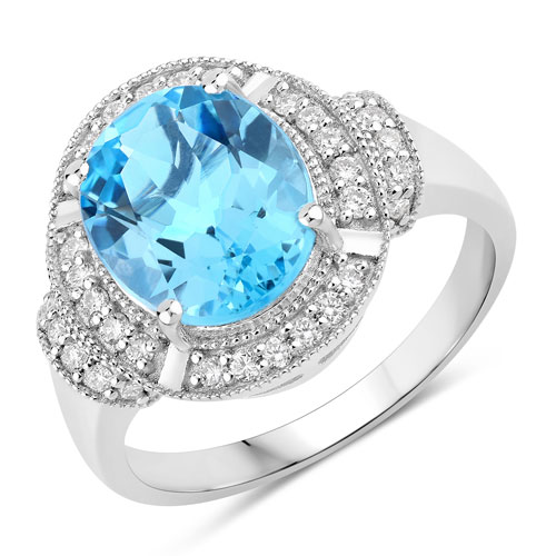 Rings-4.34 Carat Genuine Swiss Blue Topaz and Lab Grown Diamond .925 Sterling Silver Ring