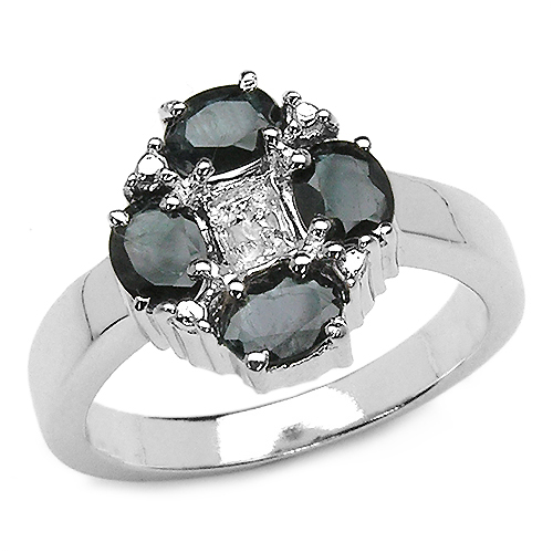Sapphire-2.02 Carat Genuine Black Sapphire & White Topaz .925 Sterling Silver Ring