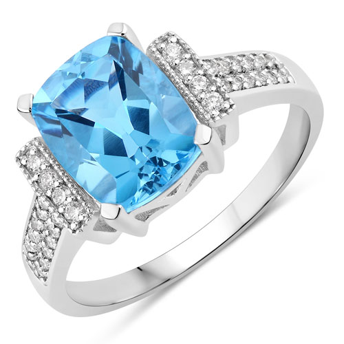 Rings-3.68 Carat Genuine Swiss Blue Topaz and Lab Grown Diamond .925 Sterling Silver Ring