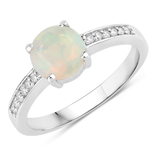 Opal-0.75 Carat Genuine Ethiopian Opal and Lab Grown Diamond .925 Sterling Silver Ring