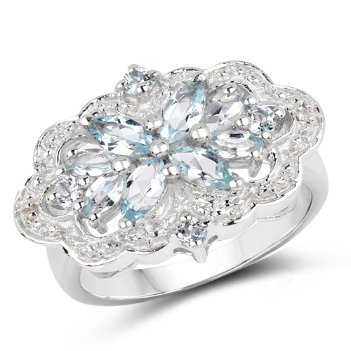 Rings-0.93 Carat Genuine Aquamarine & White Topaz .925 Sterling Silver Ring
