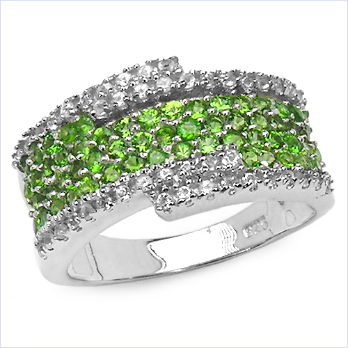 Rings-1.58 Carat Genuine Chrome Diopside and White Topaz .925 Sterling Silver Ring