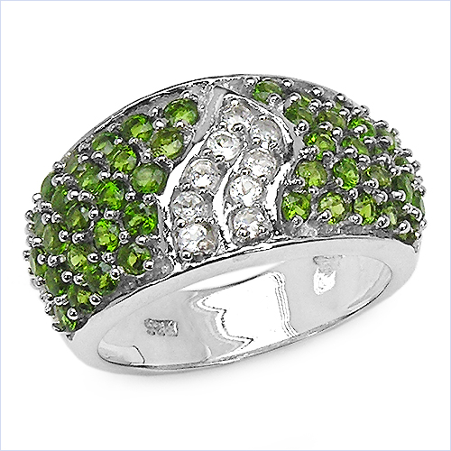 Rings-2.44 Carat Genuine Chrome Diopside & White Topaz .925 Sterling Silver Ring