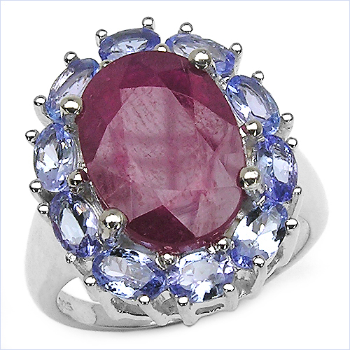 Ruby-8.59 Carat Glass Filled Ruby and Tanzanite .925 Sterling Silver Ring