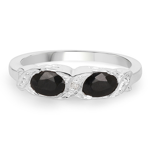 1.11 Carat Genuine Black Sapphire and White Diamond .925 Sterling Silver Ring