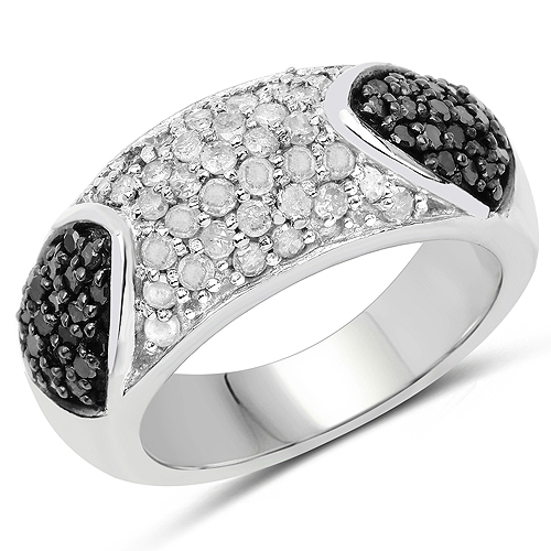 Diamond-0.99 Carat Genuine Black Diamond and White Diamond .925 Sterling Silver Ring
