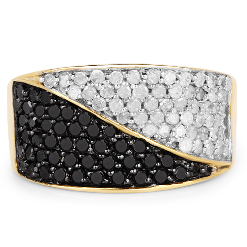 14K Yellow Gold Plated 1.20 Carat Genuine Black Diamond and White Diamond .925 Sterling Silver Ring