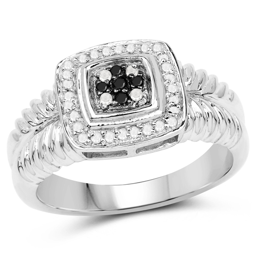 Diamond-0.19 Carat Genuine Black Diamond and White Diamond .925 Sterling Silver Ring