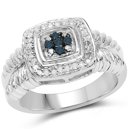 Diamond-0.20 Carat Genuine Blue Diamond and White Diamond .925 Sterling Silver Ring