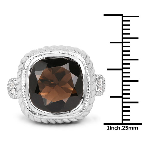 7.15 Carat Genuine Smoky Quartz and White Topaz .925 Sterling Silver Ring