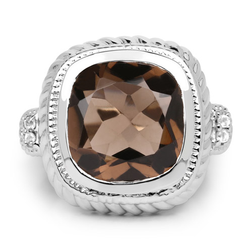 7.15 Carat Genuine Smoky Quartz and White Topaz .925 Sterling Silver Ring