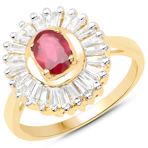 14K Yellow Gold Plated 2.44 Carat Glass Filled Ruby and White Topaz .925 Sterling Silver Ring