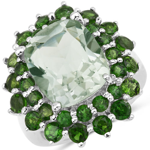 Amethyst-9.89 Carat Genuine Green Amethyst and Chrome Diopside .925 Sterling Silver Ring
