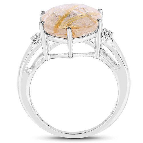 9.42 Carat Genuine Golden Rutile and White Topaz .925 Sterling Silver Ring