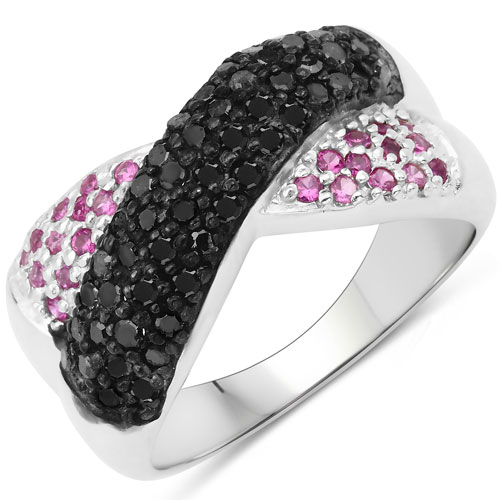 1.04 Carat Black Diamond and Created Ruby .925 Sterling Silver Ring