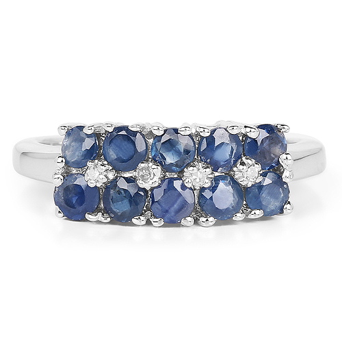 1.05 Carat Genuine Blue Sapphire and White Diamond .925 Sterling Silver Ring