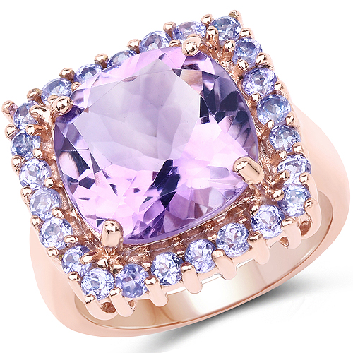 Amethyst-14K Rose Gold Plated 6.53 Carat Genuine Amethyst and Tanzanite Brass Ring
