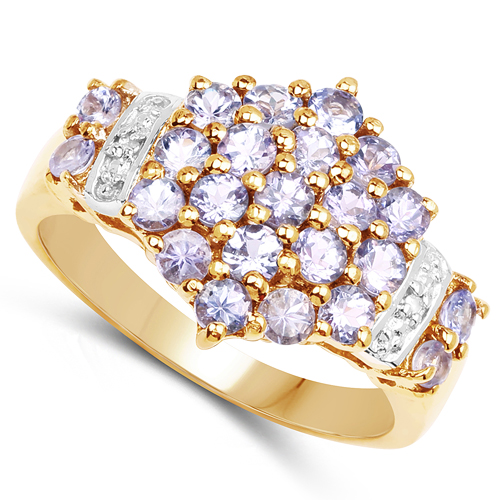 14K Yellow Gold Plated 1.62 Carat Genuine Tanzanite & White Diamond .925 Sterling Silver Ring