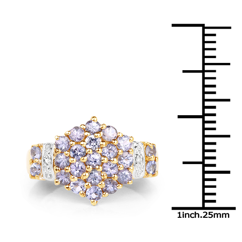 14K Yellow Gold Plated 1.62 Carat Genuine Tanzanite & White Diamond .925 Sterling Silver Ring
