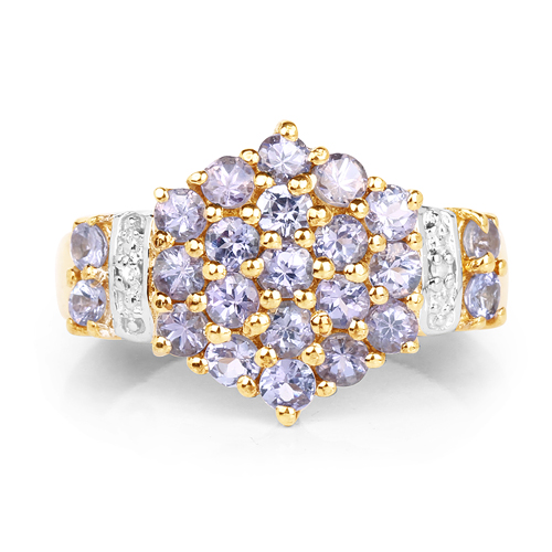 14K Yellow Gold Plated 1.62 Carat Genuine Tanzanite & White Diamond .925 Sterling Silver Ring