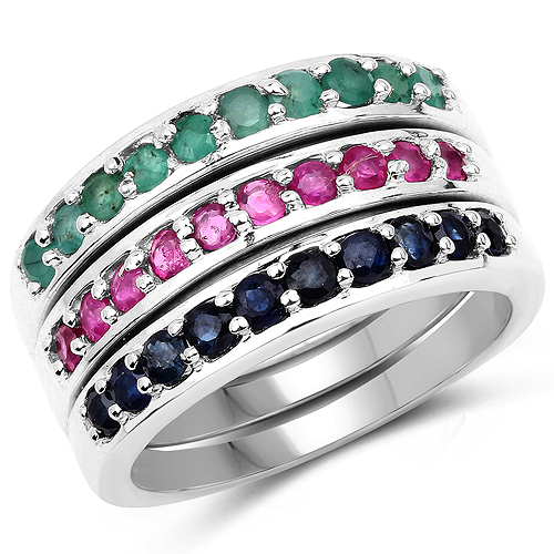 Emerald-1.15 Carat Genuine Emerald, Ruby & Blue Sapphire .925 Sterling Silver Ring