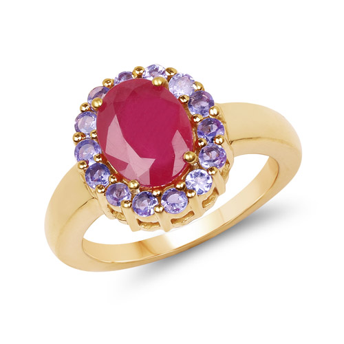 Ruby-14K Yellow Gold Plated 2.79 Carat Glass Filled Ruby and Tanzanite .925 Sterling Silver Ring