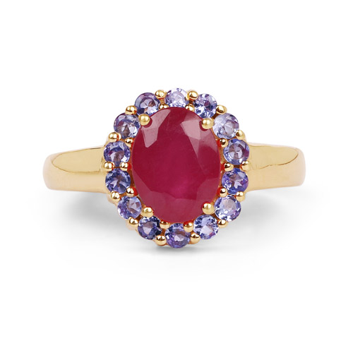 Multiple Sizes 925 Sterling Silver 14K Yellow Gold Plated Glass Filled Ruby and Tanzanite Ring 2.79 Carat