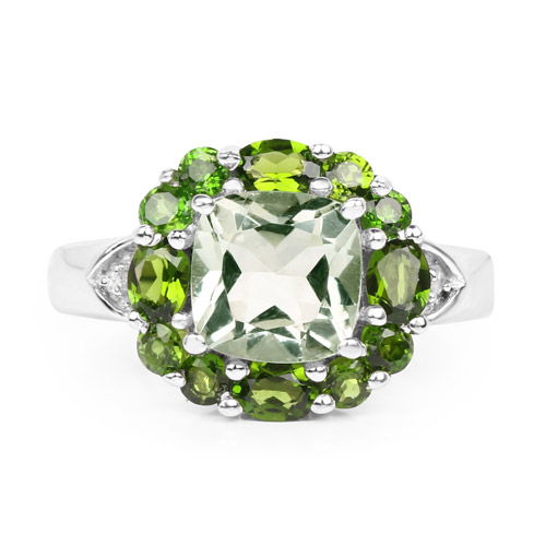 3.49 Carat Genuine Green Amethyst, Chrome Diopside & White Topaz .925 Sterling Silver Ring