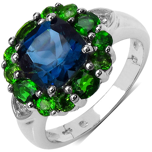 Rings-3.84 Carat Genuine Blue Topaz, Chrome Diopside & White Topaz .925 Sterling Silver Ring