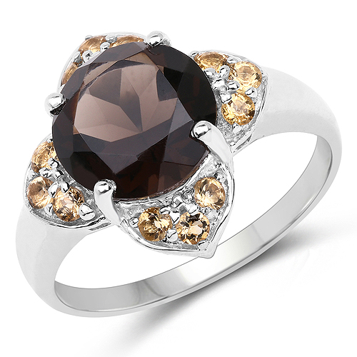 Rings-3.47 Carat Genuine Smoky Quartz and Citrine .925 Sterling Silver Ring