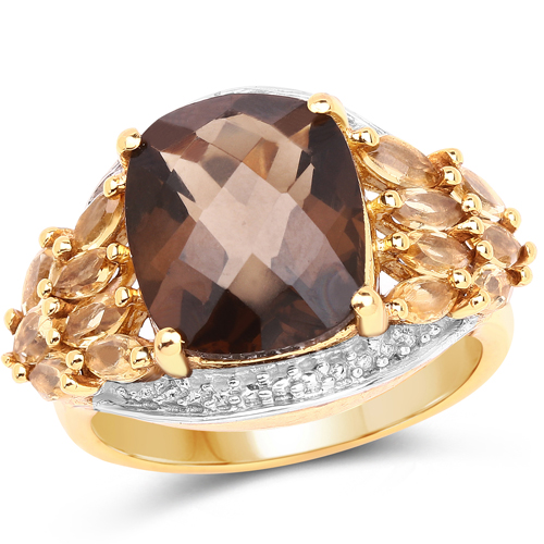 Rings-14K Yellow Gold Plated 5.44 Carat Genuine Smoky Quartz and Citrine Brass Ring
