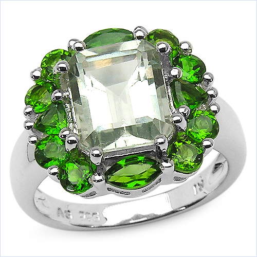 Amethyst-5.09 Carat Genuine Green Amethyst and Chrome Diopside .925 Sterling Silver Ring
