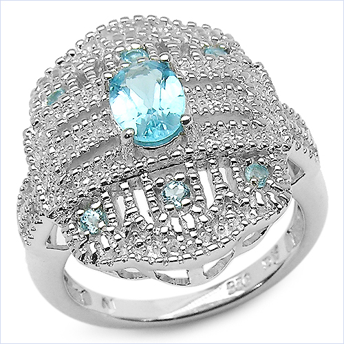 Rings-1.10 Carat Genuine Swiss Blue Topaz and White Topaz .925 Sterling Silver Ring