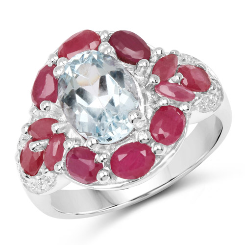 Rings-3.54 Carat Genuine Aquamarine, Ruby and White Topaz .925 Sterling Silver Ring