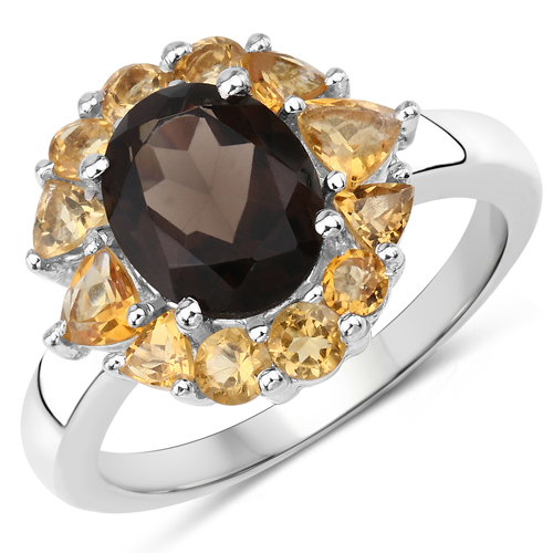 Rings-4.00 Carat Genuine Smoky Quartz and Citrine .925 Sterling Silver Ring