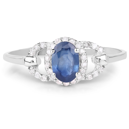0.60 Carat Genuine Blue Sapphire and White Diamond 10K White Gold Ring