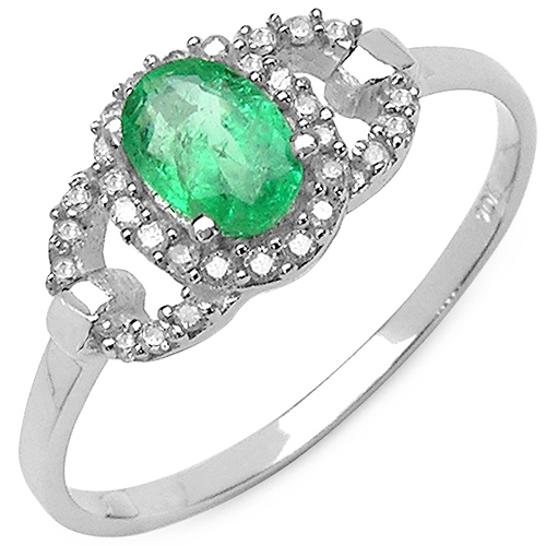 Emerald-0.60 Carat Emerald & White Diamond 10K White Gold Ring