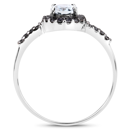 0.96 Carat Genuine Aquamarine and Black Diamond 10K White Gold Ring