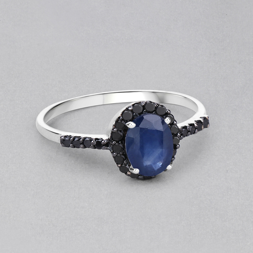1.16 Carat Genuine Blue Sapphire and Black Diamond 10K White Gold Ring