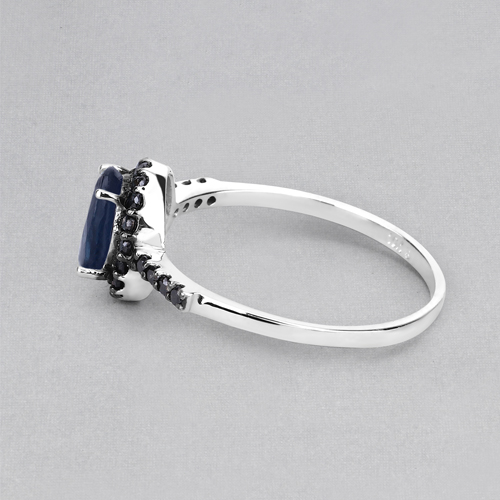 1.16 Carat Genuine Blue Sapphire and Black Diamond 10K White Gold Ring