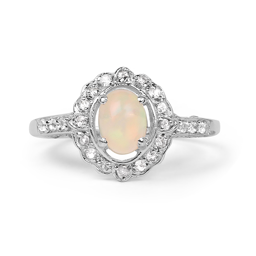 0.96 Carat Genuine Ethiopian Opal and White Topaz .925 Sterling Silver Ring