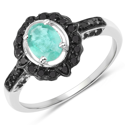 Emerald-1.07 Carat Genuine Zambian Emerald and Black Diamond .925 Sterling Silver Ring