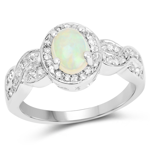 Opal-0.72 Carat Genuine Ethiopian Opal and White Topaz .925 Sterling Silver Ring